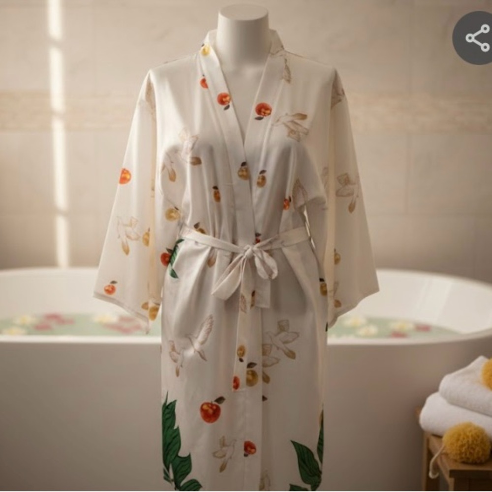 BEAUTIFUL SOFT & COMFY CHIFFON KIMONO WITH TROPICAL TREE BIRD BACK.ELEGANT ROBE